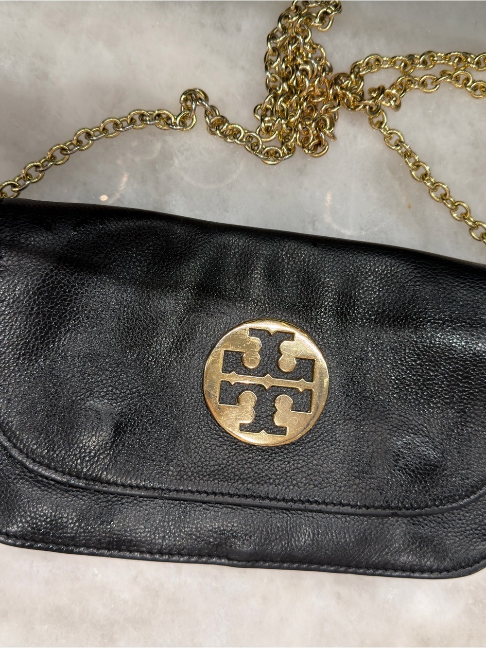 Tory Burch Black Leather Crossbody with Gold Logo Medallion